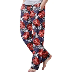 Pink-Blue - Floral Cotton Linen Drawstring Yoga Pants